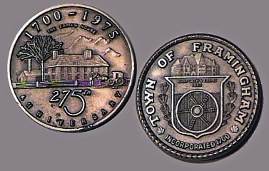 1975 Commemorative coin issued from the 275th Anniversary of Framingham Massachusetts USA.