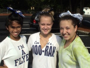 (Photo) Danielle Lagman, Cora Lincoln and Carol Rotella of the Framingham Flyers Cheerleading, tired but happy after washing cars to raise funds with the rest of the squad at CJ's Northside Grille, (Saturday, September 3, 2011).