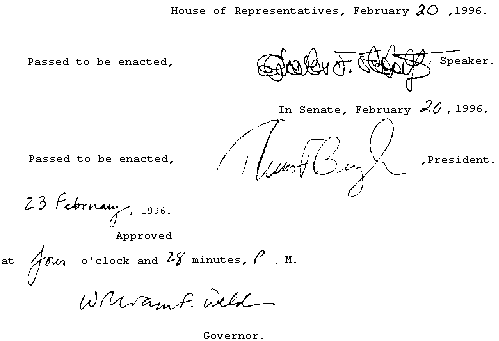 MA Bill H 5760 - dated 20-FEB-1996, Speaker of House, President of Senate William Bulger and passed by Governor Williams Weld's signature on 23-FEB-1996