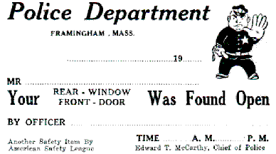 Framingham Police would leave a card like this when they found a door or window open during nightly patrols (c.1940)