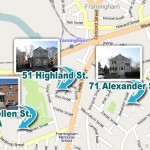 Map shows three foreclosed properties that are being sold in Framingham Home Lottery, October 5, 2010