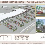 Conceptual drawing of Nobscot Shopping Center and former Texaco Gas Station as shown in new leasing information brochure.