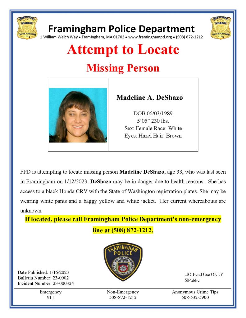 Madeline A. DeShazo, Framingham,  Missing Person notice (Jan. 15, 2023)