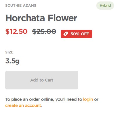 [website screen capture] Sunnyside Cannabis Framingham MA $12.50/3.5g cannabis flower., June 2023
