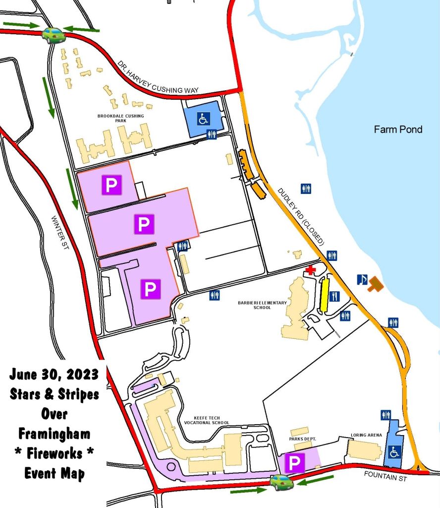 [map] parking and event infographic map for Framingham Fireworks at Farm Pond June 30, 2023 